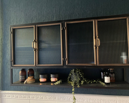 Black & muted gold wide Industrial retro metal & ribbed glass wall cabinet.