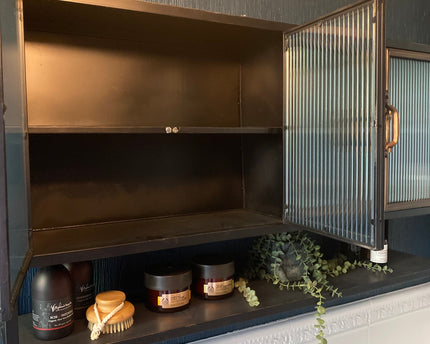 Black metal industrial wide wall storage cabinet with ribbed glass double doors - Back in stock Jan 25